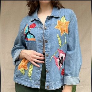 White Stag Denim Jacket with Colorful Floral Embroidery